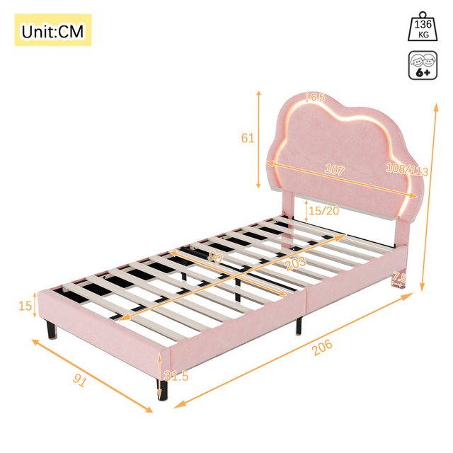 Flieks Polsterbett, LED Kinderbett 90x200cm mit höhenstellbarem Wolkenform- günstig online kaufen