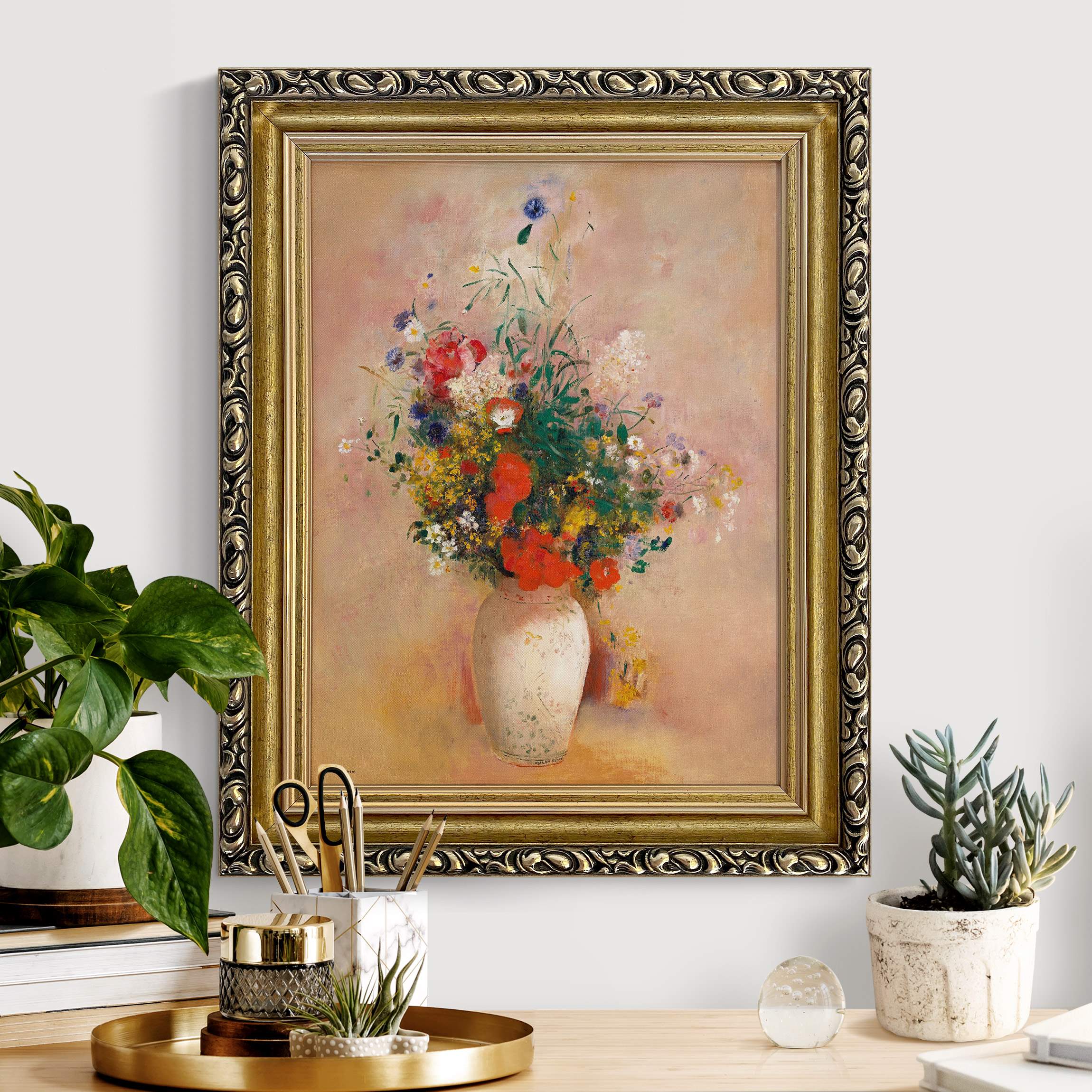 Gerahmtes Leinwandbild Odilon Redon - Vase mit Blumen (rosenfarbener Hinter günstig online kaufen