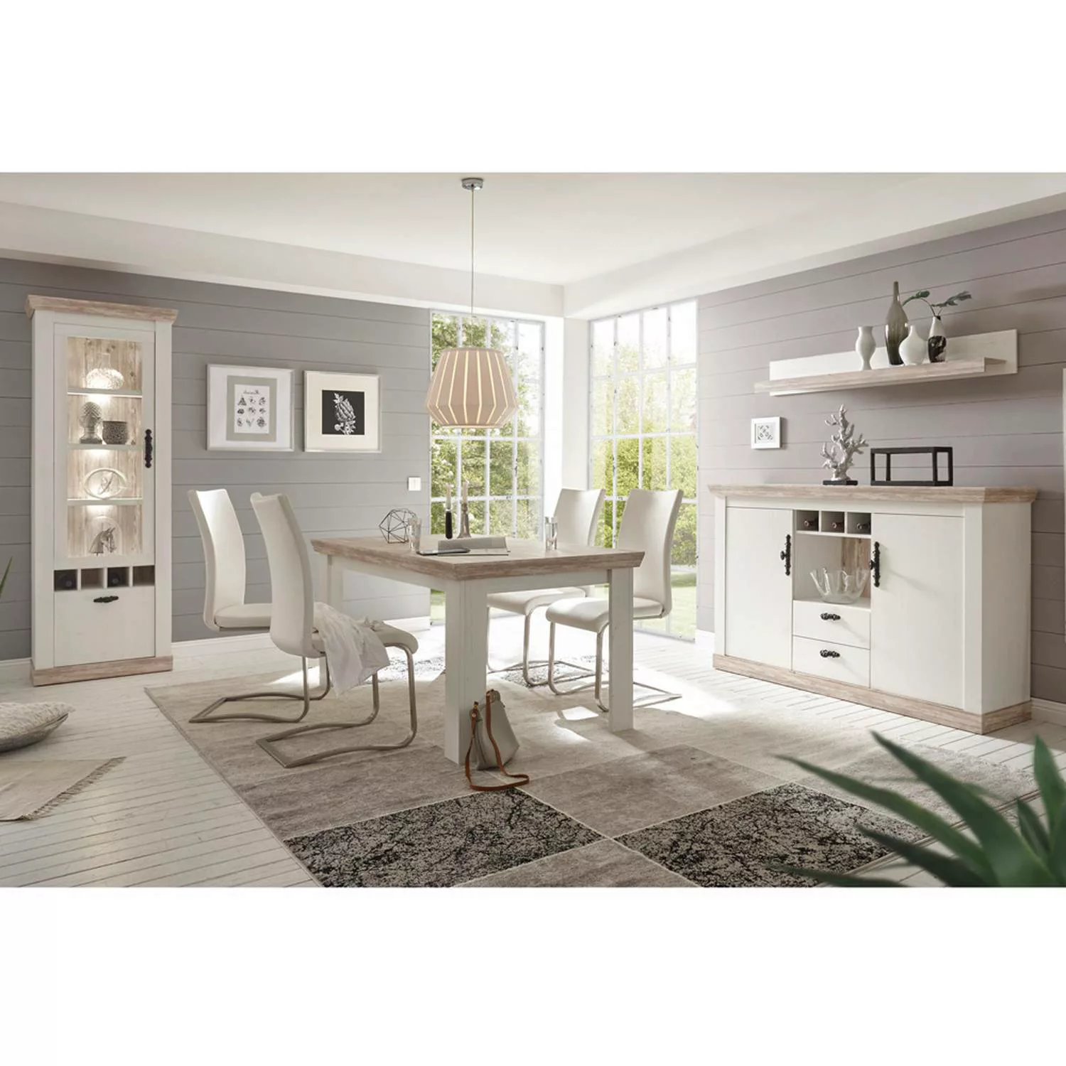 Esszimmer-Set im Landhaus Stil FERNA-61 Dekor Pinie weiß und Oslo dunkel Nb günstig online kaufen