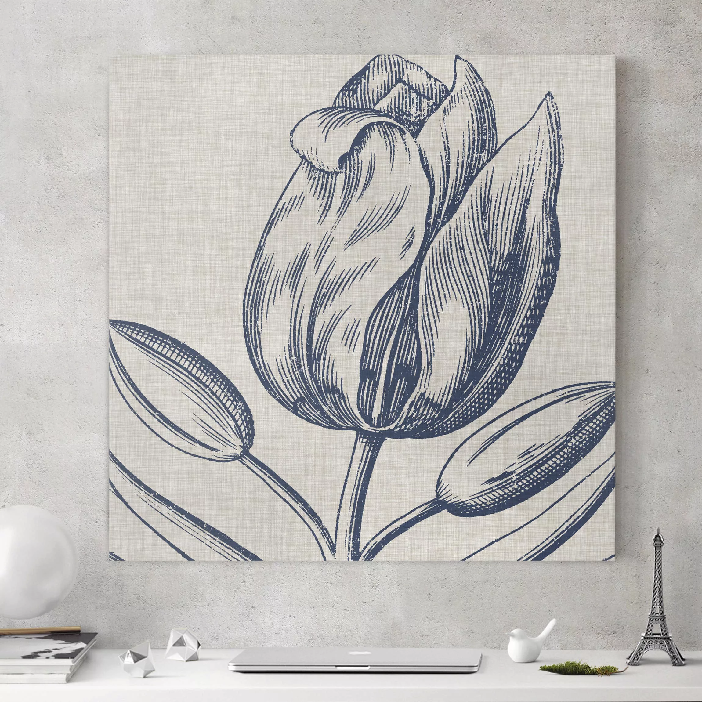 Leinwandbild Botanik - Quadrat Indigo Blüte auf Leinen IV günstig online kaufen