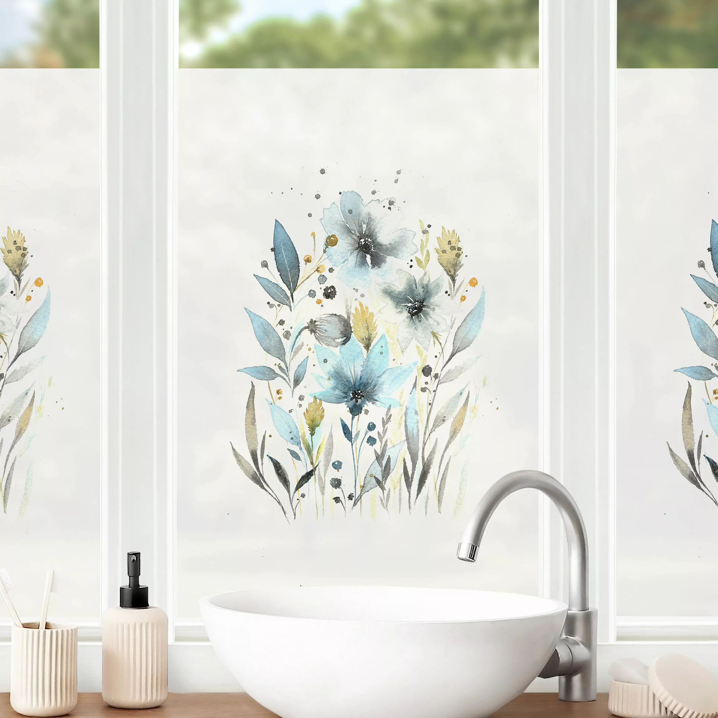 Fensterfolie Esther-Meinl - Türkise Aquarell Blumen günstig online kaufen