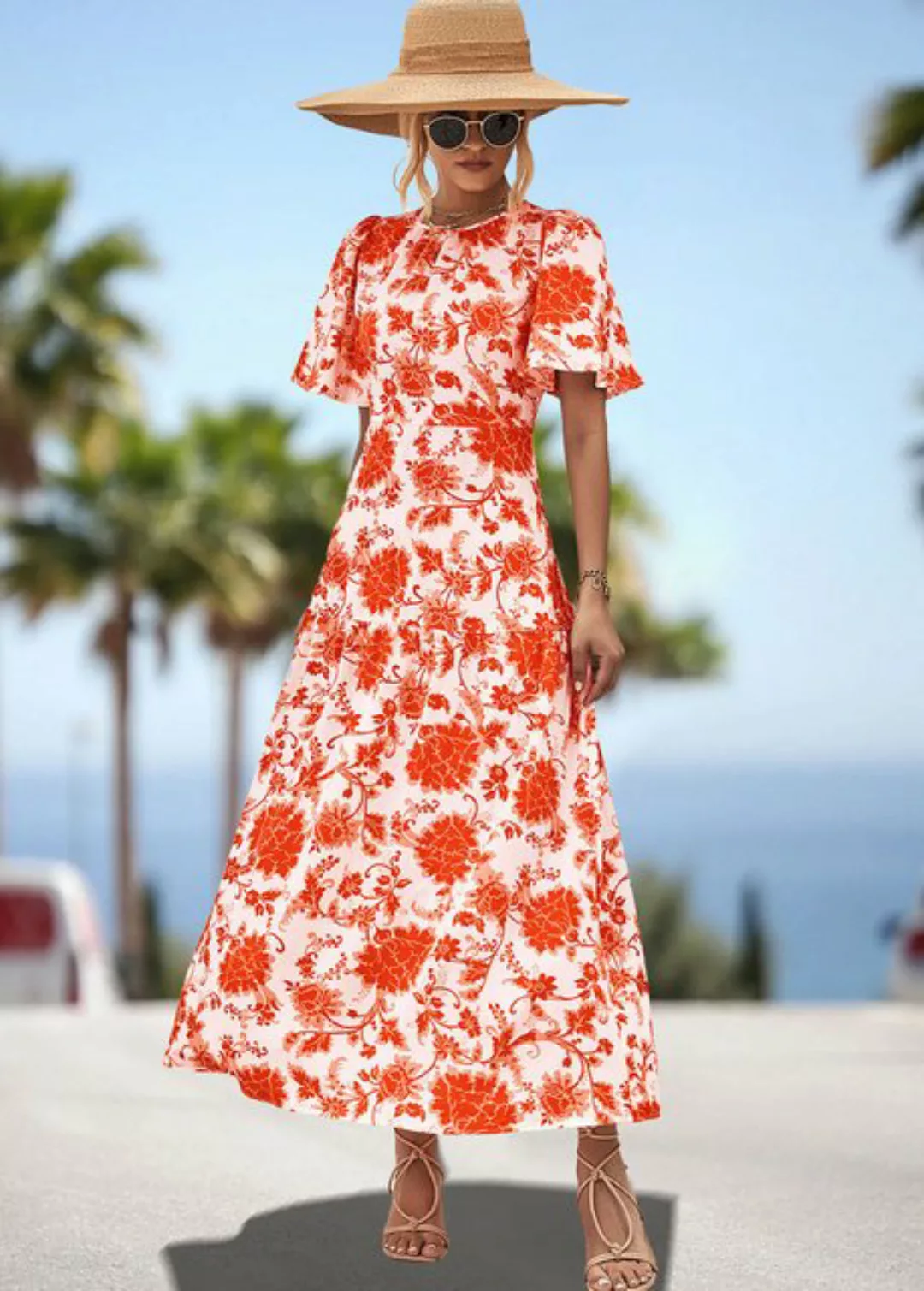 BlauWave Strandkleid Sommerkleid mit bunten Blumen und Blättern bedruckt (1 günstig online kaufen