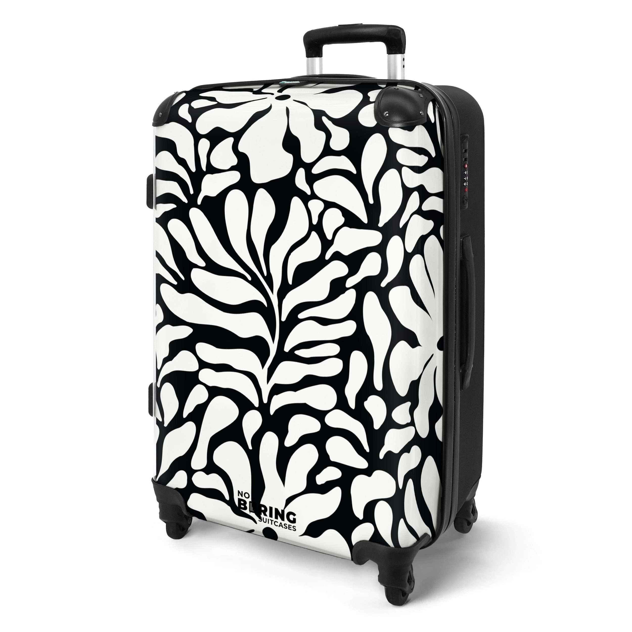 NoBoringSuitcases.com© Hartschalen-Trolley Schwarz mit weißen Blumen günstig online kaufen