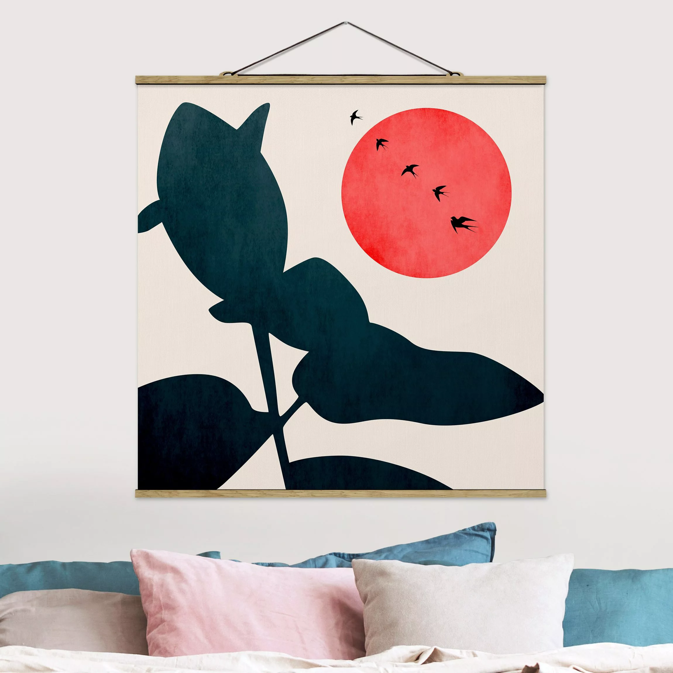 Stoffbild mit Posterleisten Pflanzenwelt mit roter Sonne günstig online kaufen