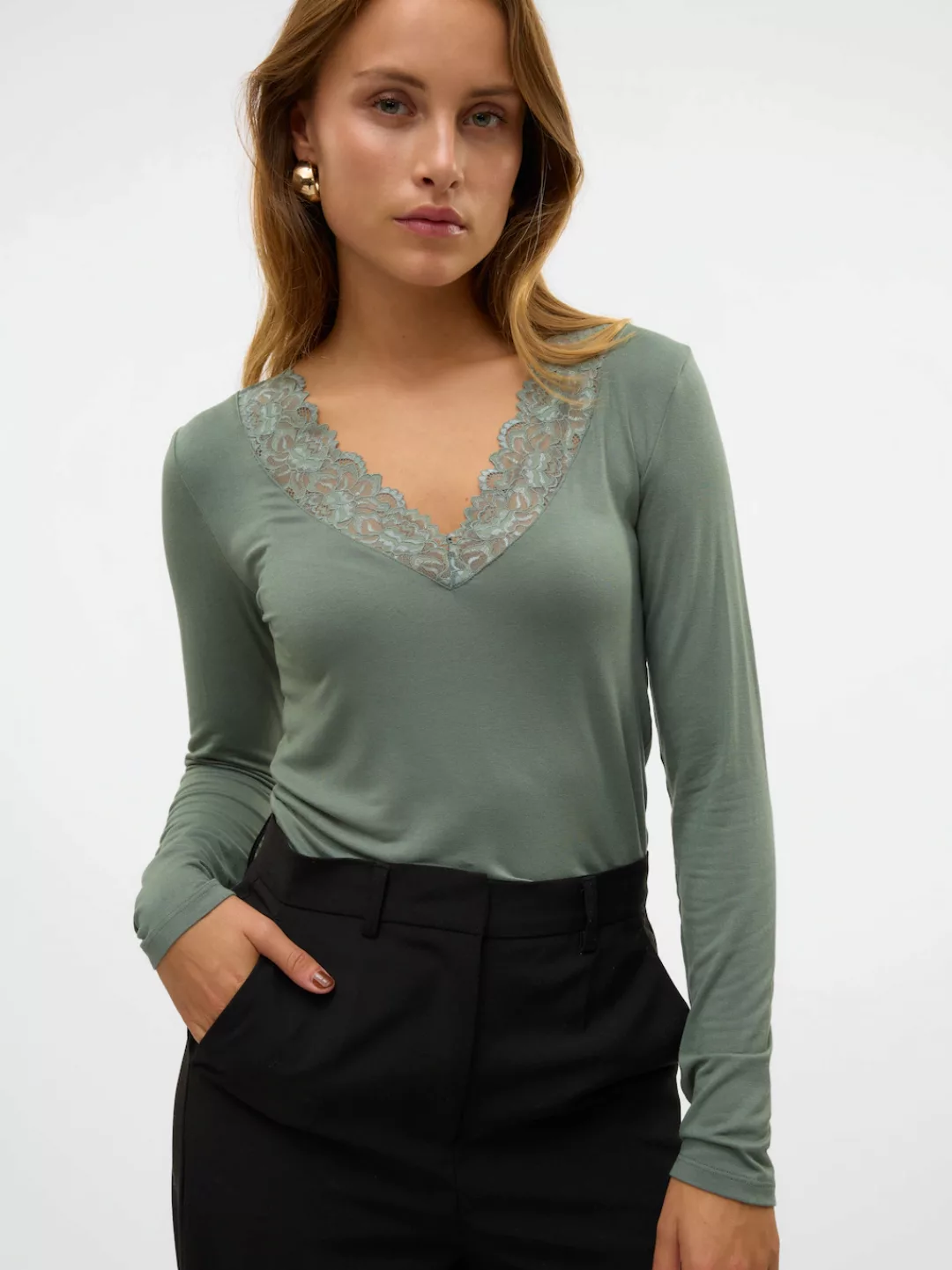 Vero Moda V-Shirt VMROSA LS V-NECK LACE TOP GA JRS NOOS günstig online kaufen