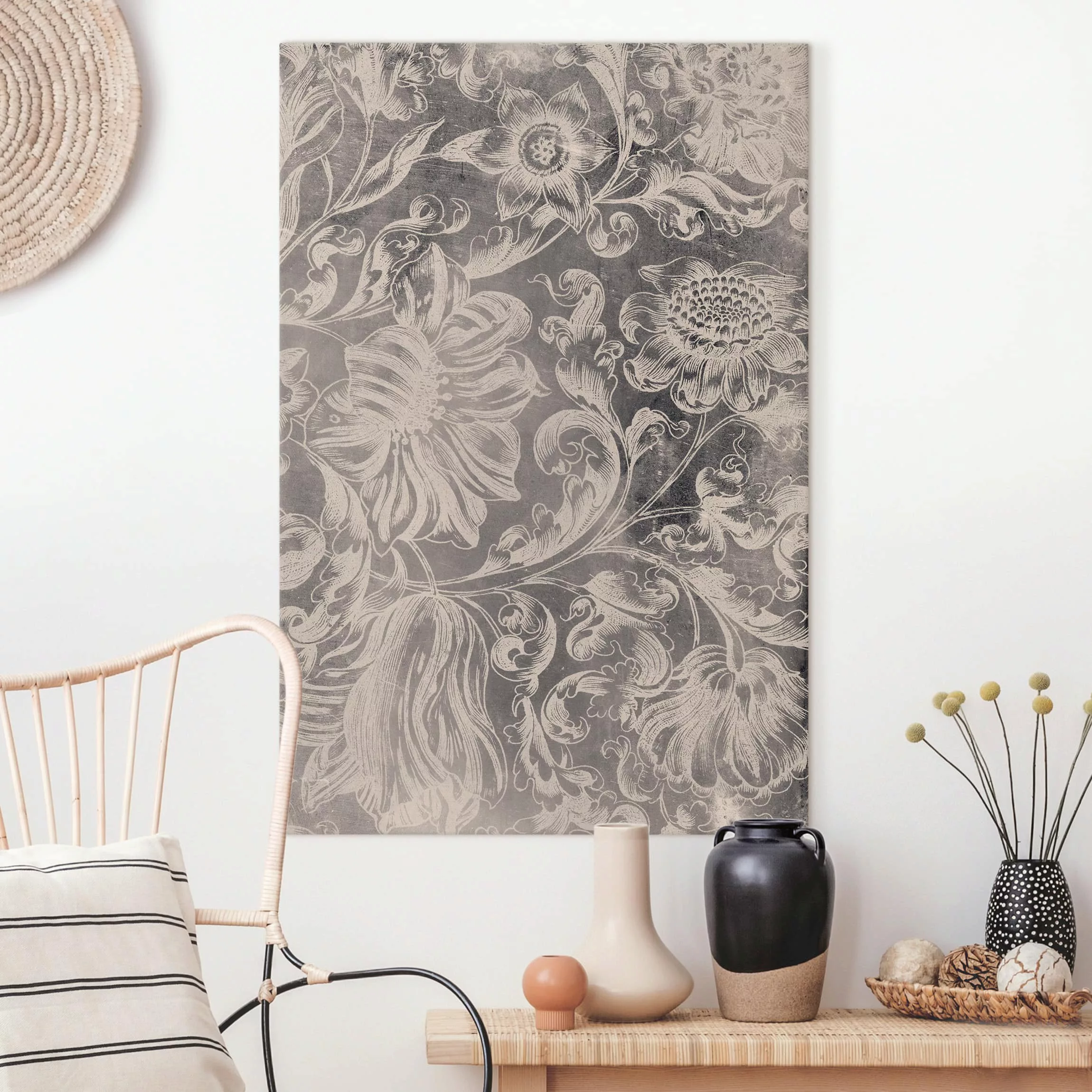 Leinwandbild Muster - Hochformat Verblühtes Blumenornament II günstig online kaufen