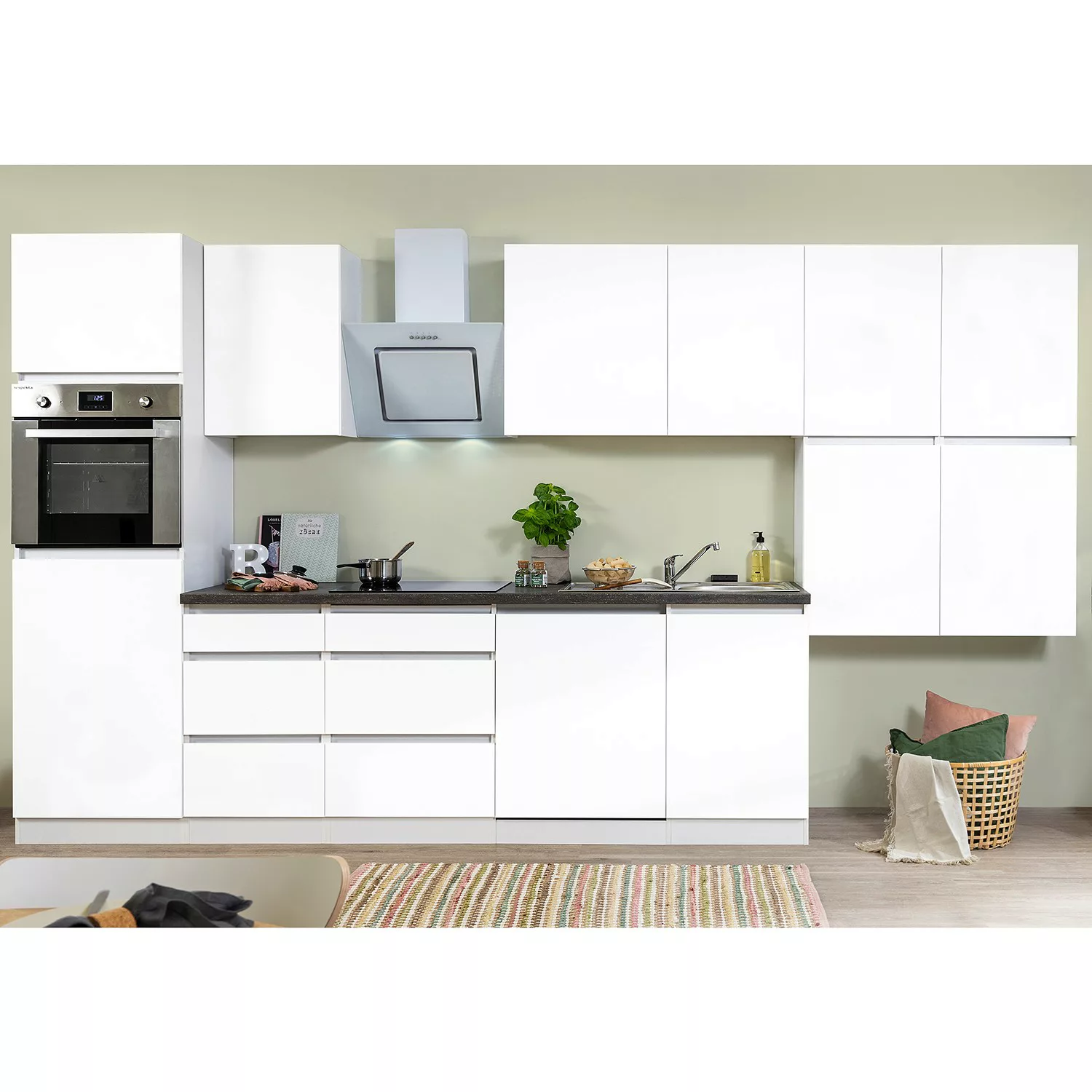 Respekta Küchenzeile ohne E-Geräte 380 cm Grifflos Grau Hochglanz-Weiß günstig online kaufen