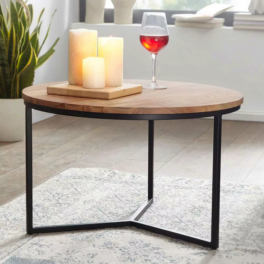 Sofa Tisch Holz und Metall im Retrostil 60 cm Durchmesser günstig online kaufen