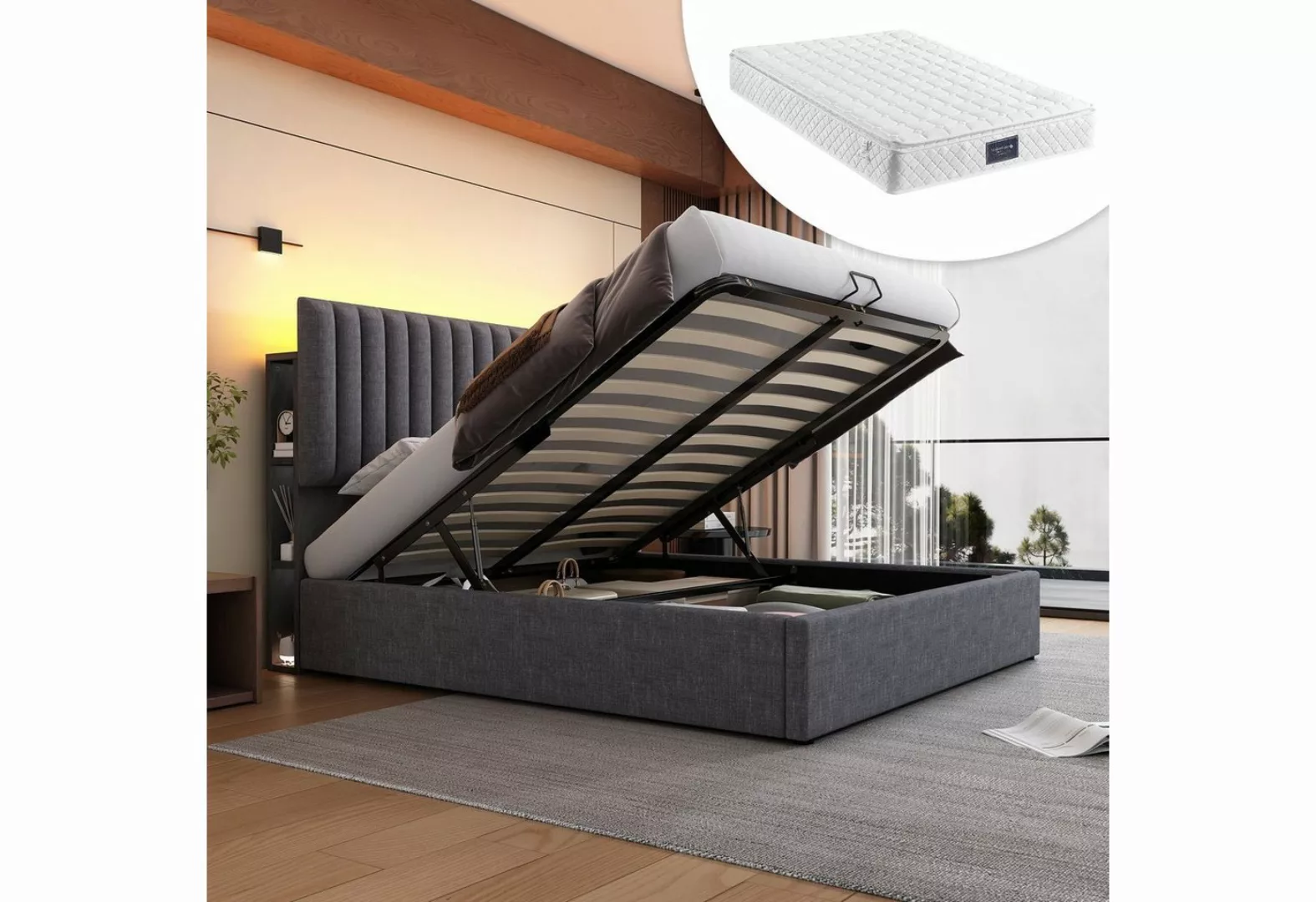 REDOM Polsterbett Doppelbett (Stauraumbett mit LED-Beleuchtung, 160x200cm), günstig online kaufen