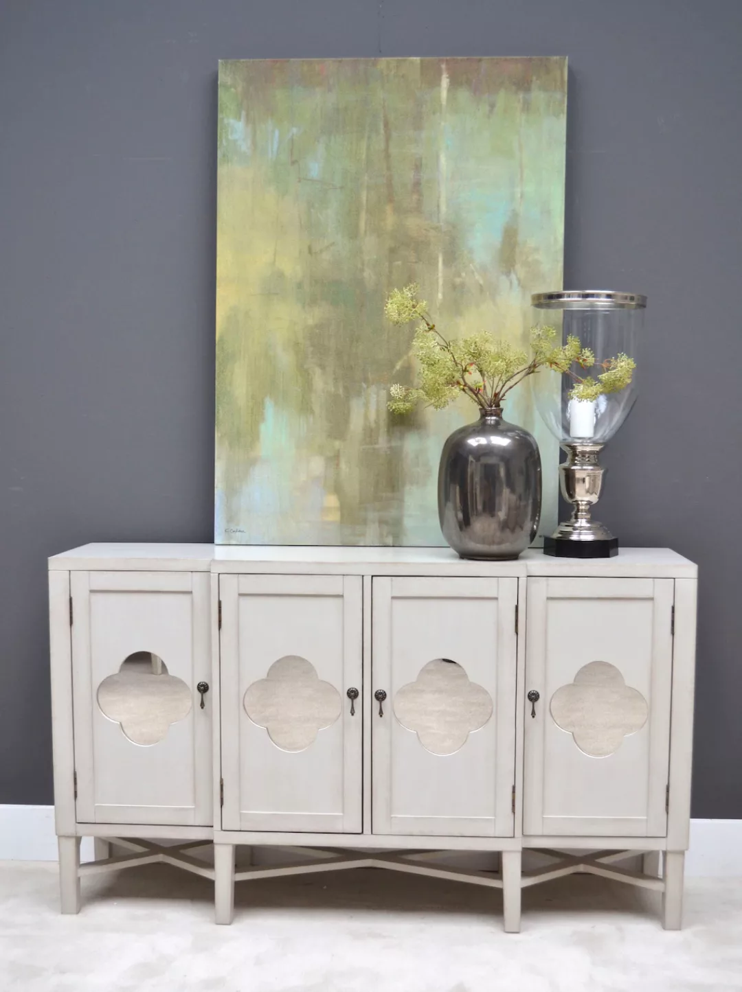 Leonique Sideboard "Juliette", Kommode, Antik Weiß, Ornamente, verspiegelte günstig online kaufen