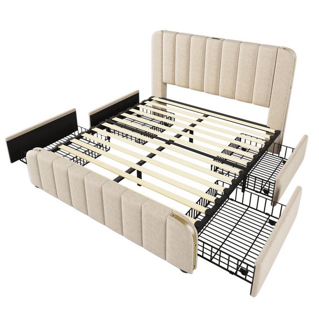 Gotagee Polsterbett Jugendbett Doppeltes 140x200cm USB Typ-C Beige Leinen M günstig online kaufen