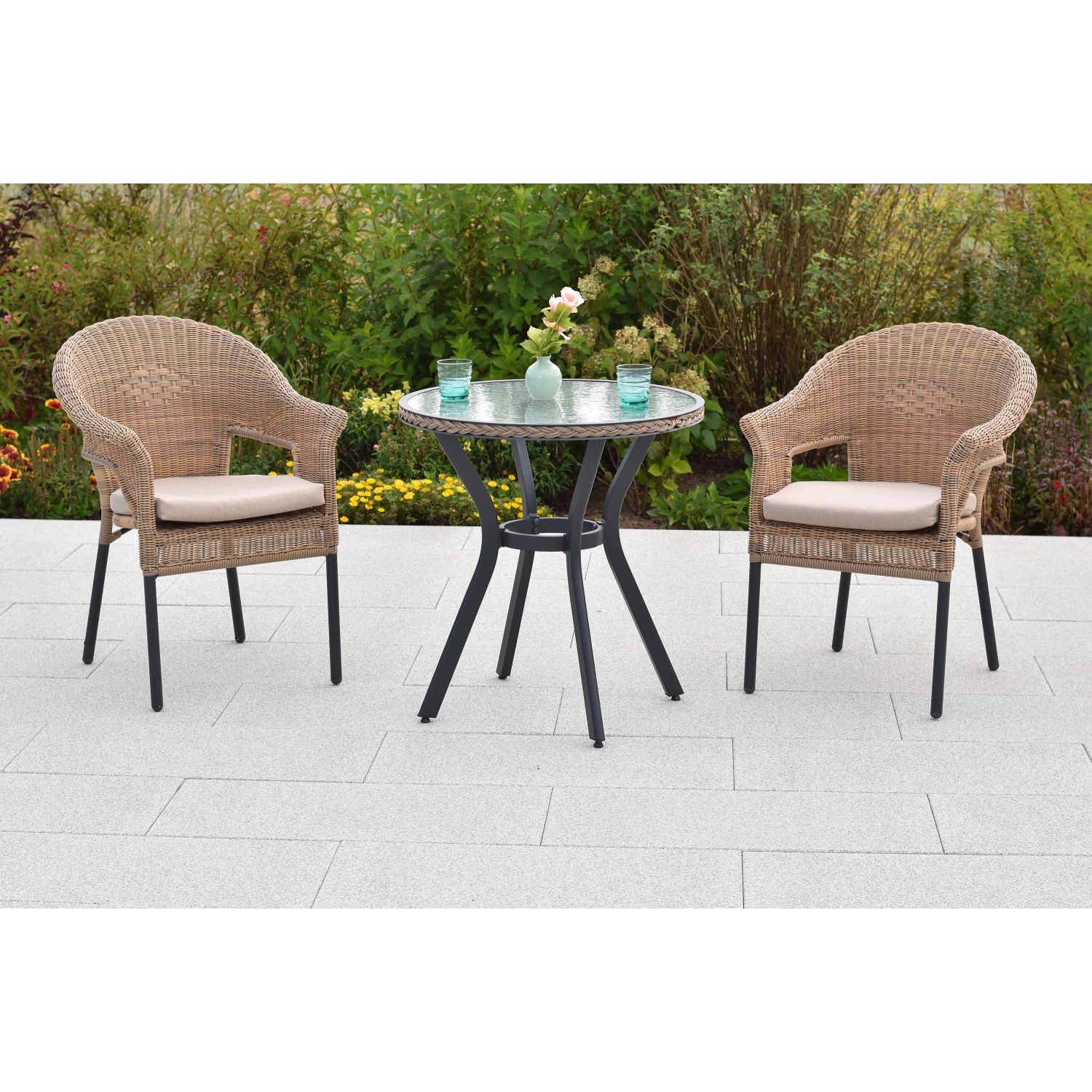 Merxx Ravenna Set 5-tlg. 2 Stapelsessel 2 Sitzkissen Gartentisch Ø 70 cm Na günstig online kaufen