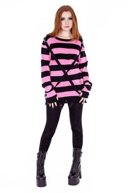 Heartless Strickpullover Oriana Strickpulli Rosa Goth Punk Gestreift Grunge günstig online kaufen