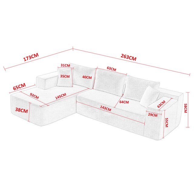 WISHDOR Ecksofa L-Form Ecksofa, Gesamtmaße: 104,70 x 68,50 x 29,13 Zoll (L günstig online kaufen