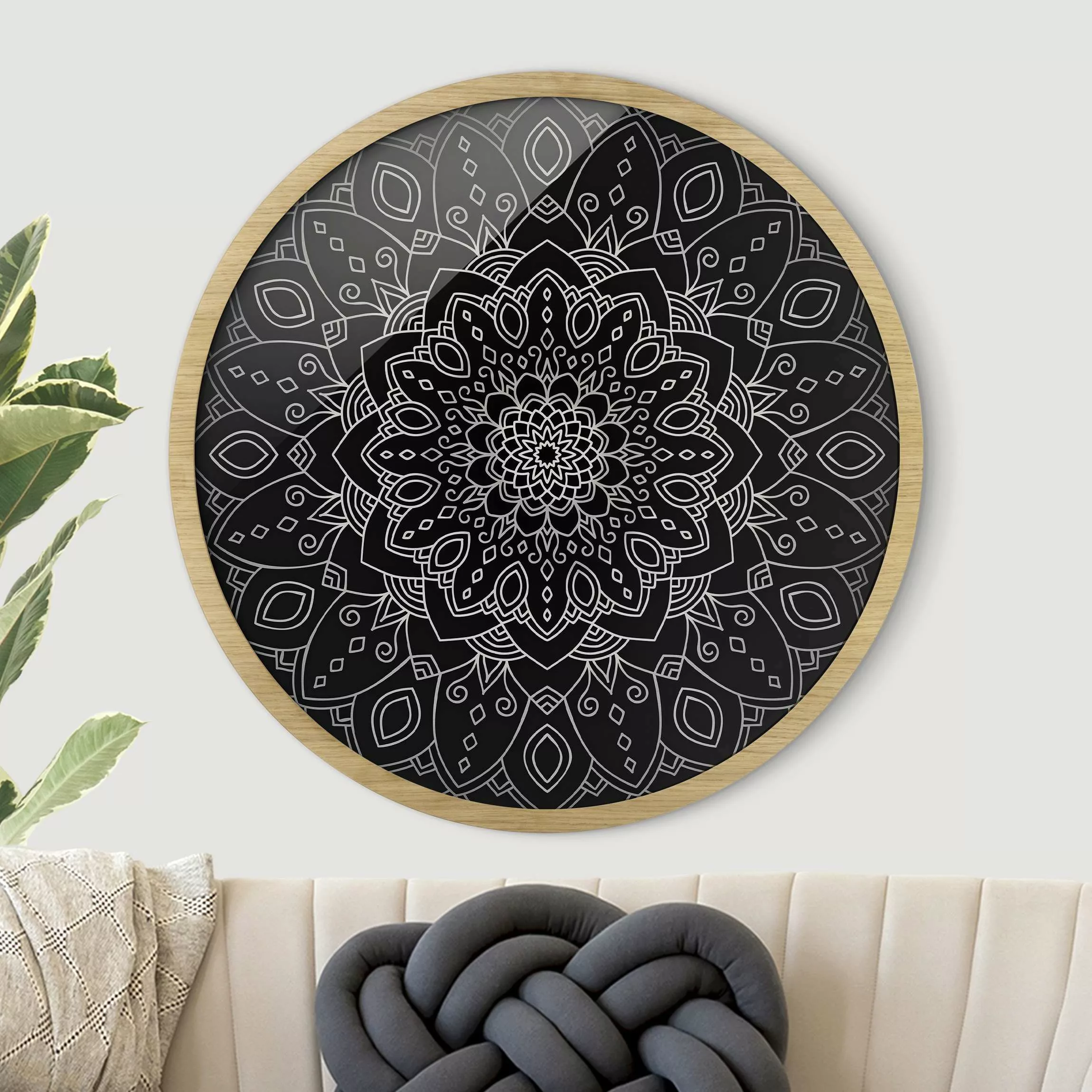 Rundes Gerahmtes Bild Mandala Blüte Muster silber schwarz günstig online kaufen