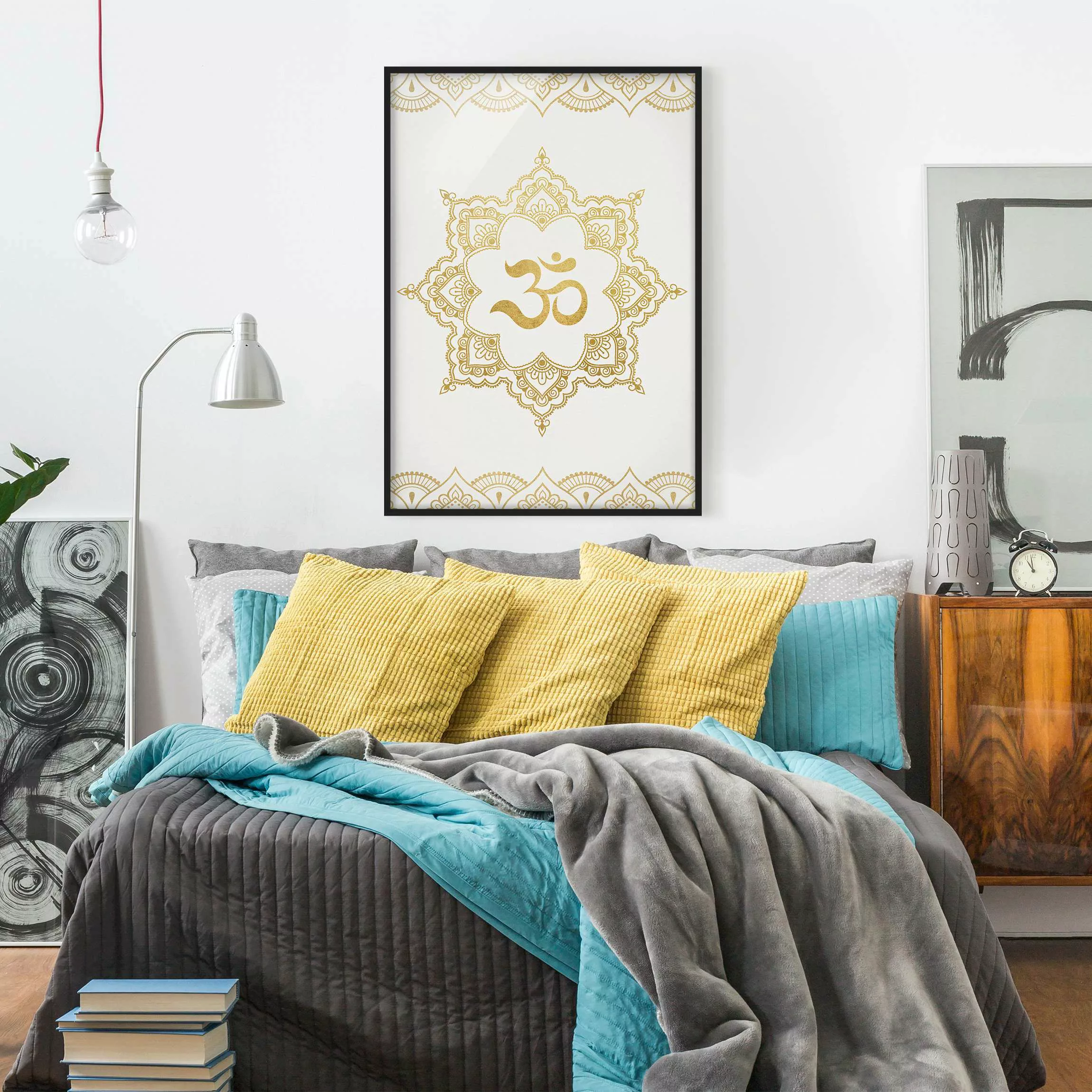 Bild mit Rahmen - Hochformat Mandala OM Illustration Ornament weiß gold günstig online kaufen