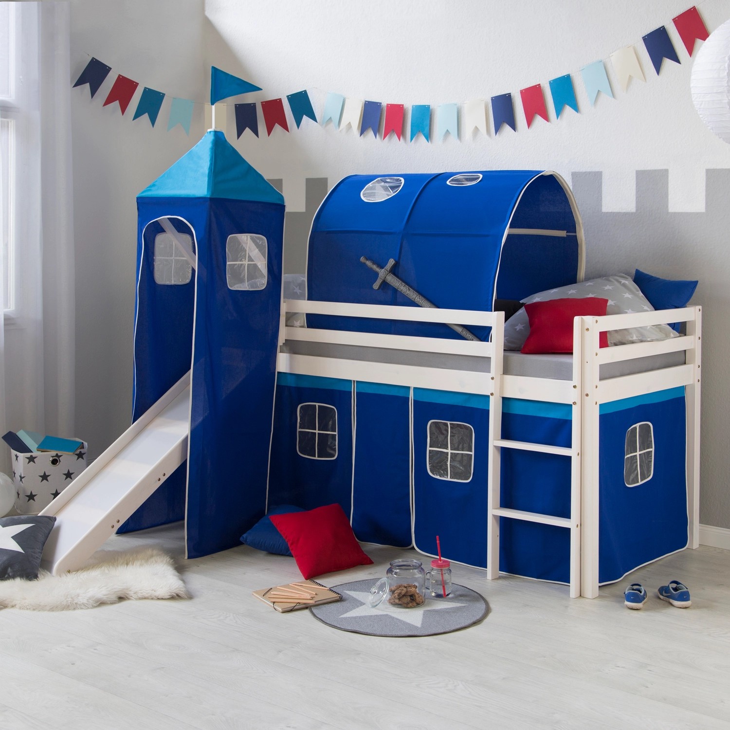 Homestyle4u Hochbett 90x200 mit Vorhang Lattenrost Matratze Rutsche Tunnel günstig online kaufen
