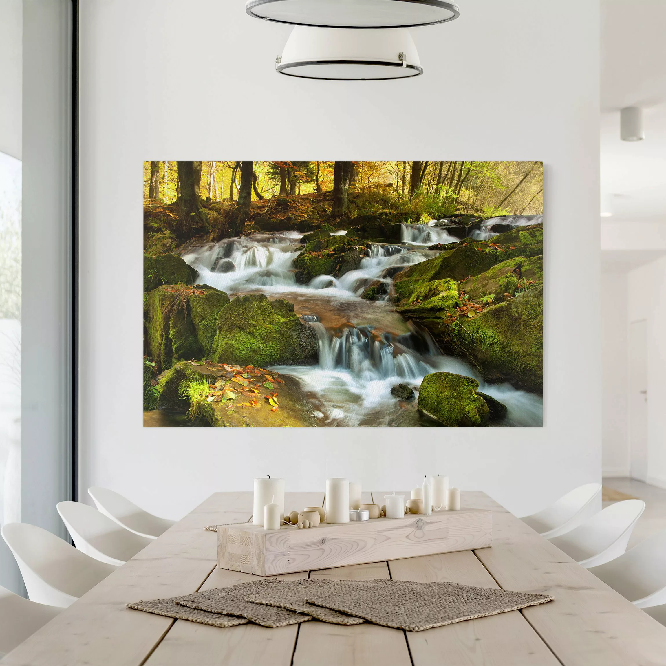 Leinwandbild Wasserfall - Querformat Wasserfall herbstlicher Wald günstig online kaufen