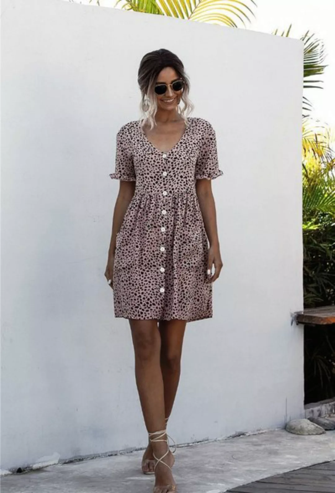 SEGUEN Strandkleid Rock mit Knöpfen und Polka-Dot-Print und V-Ausschnitt (S günstig online kaufen