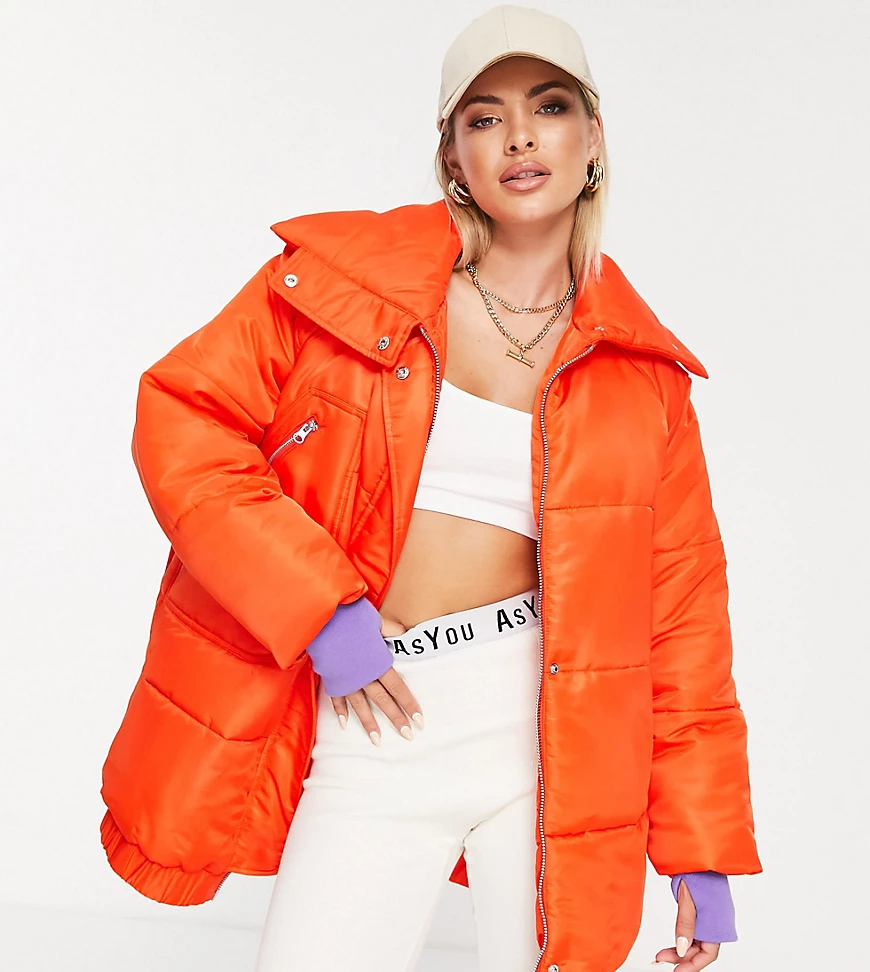 ASYOU – Oversize-Pufferjacke in Orange mit farblich abgesetzten, gerippten günstig online kaufen