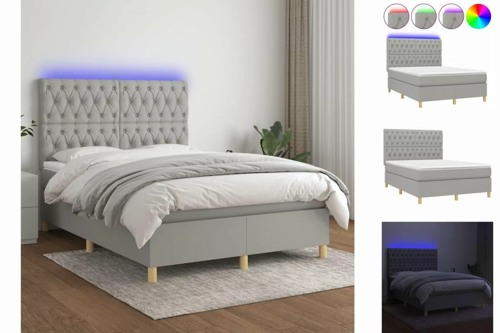 vidaXL Bettgestell Boxspringbett mit Matratze LED Hellgrau 140x200 cm Stoff günstig online kaufen