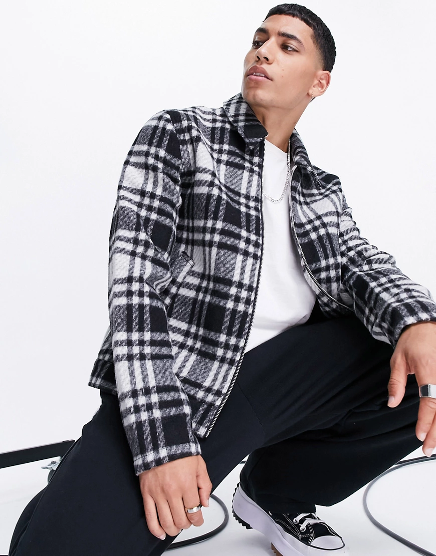 ASOS DESIGN – Karierte Hemdjacke aus Wollmischgewebe in Schwarz und Weiß günstig online kaufen