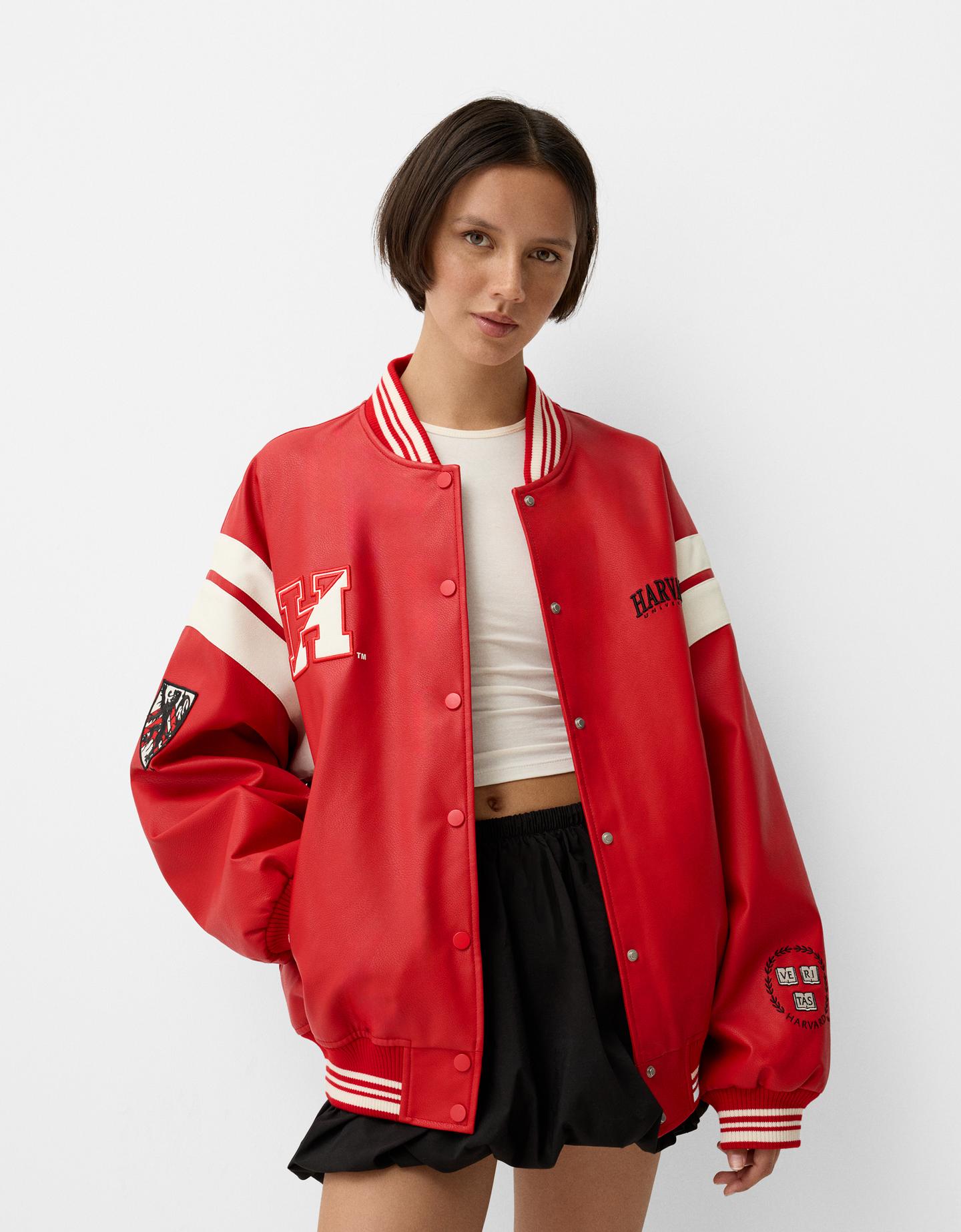 Bershka Oversize-College-Jacke Aus Kunstleder Damen Xs Rot günstig online kaufen