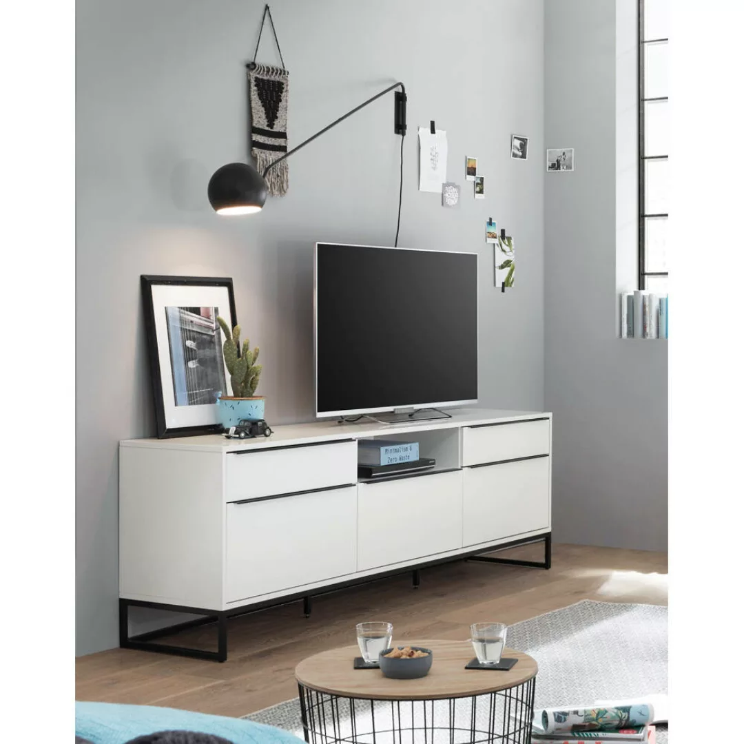 Lomadox TV Lowboard mit Metall Gestell schwarz LIVORNO-05 in weiß matt lack günstig online kaufen