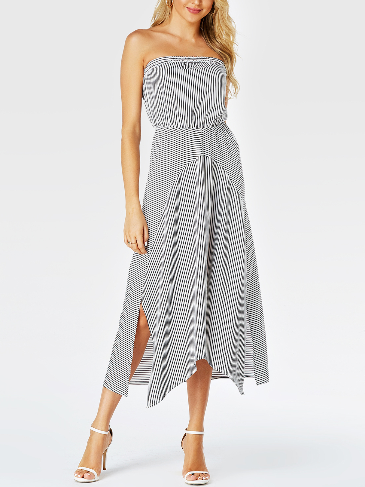 YOINS White Stripe Trägerlose elastische Taille Schlitz Saum Kleid günstig online kaufen