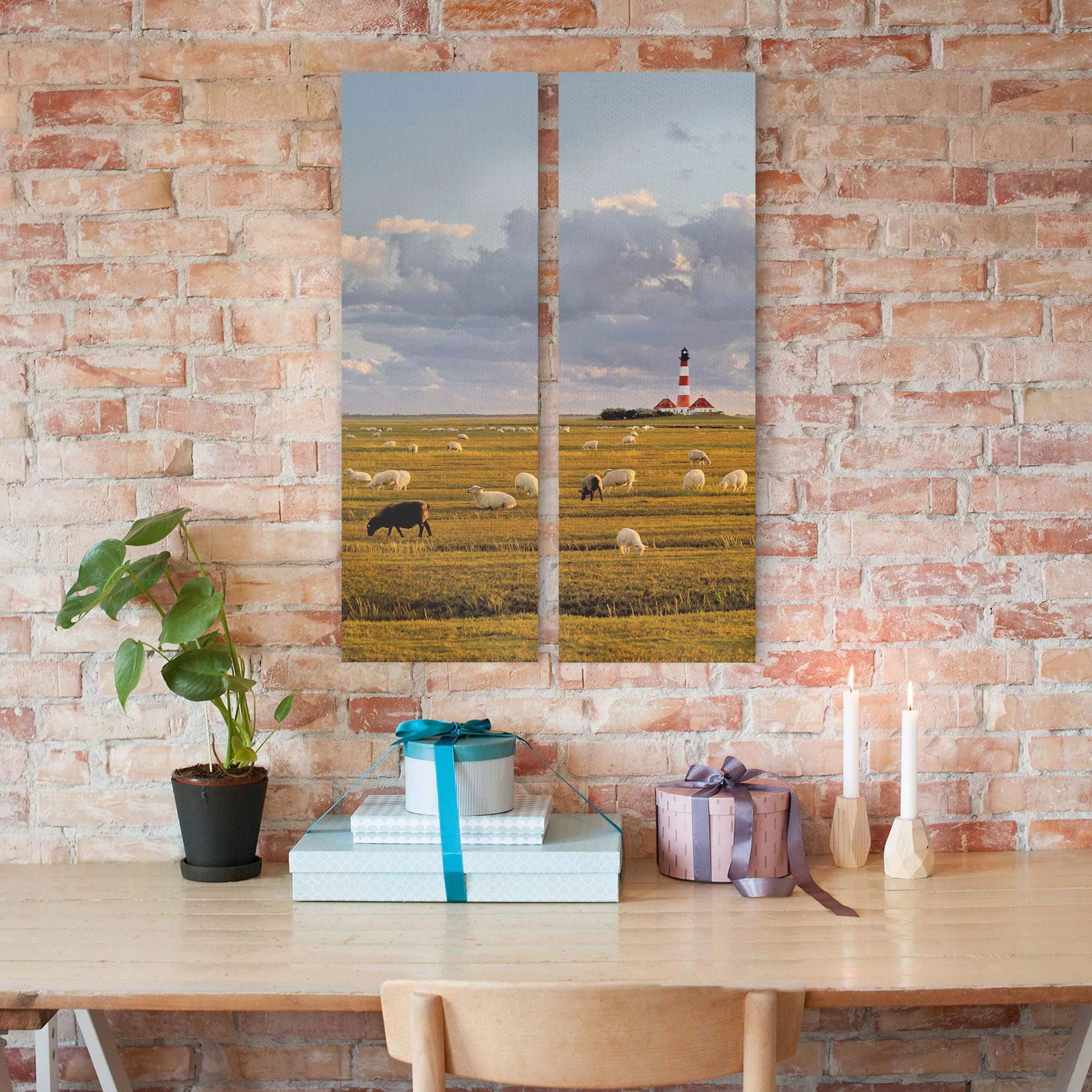 3-teiliges Leinwandbild Leuchtturm - Hochformat Nordsee Leuchtturm mit Scha günstig online kaufen