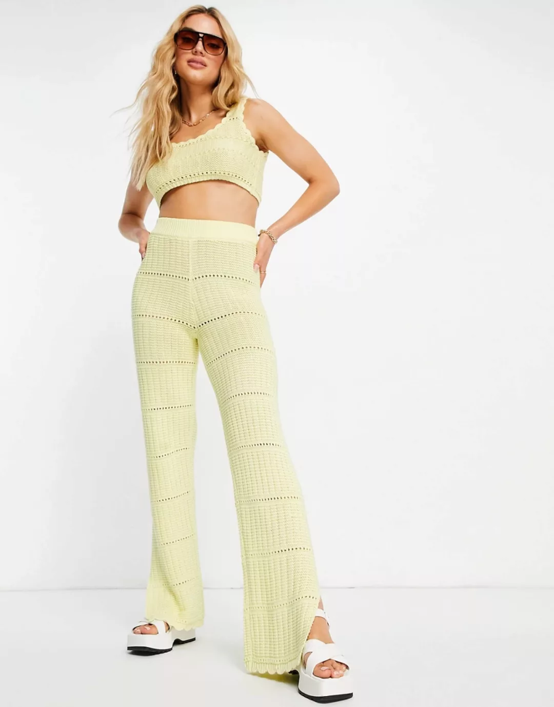 ASOS DESIGN – Häkelhose in Gelb mit weitem Bein, Kombiteil günstig online kaufen