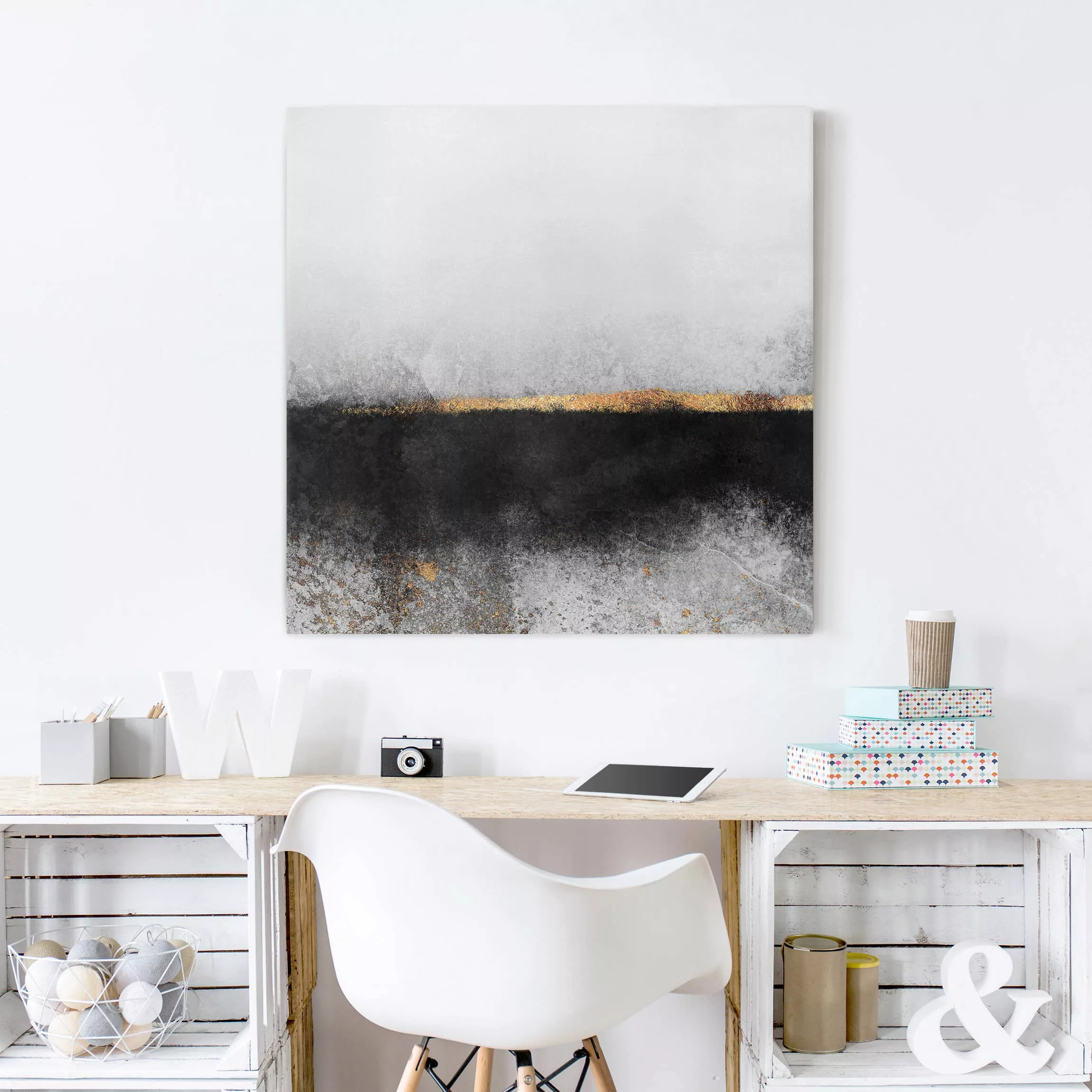 Leinwandbild Abstrakt - Quadrat Abstrakter Goldener Horizont Schwarz Weiß günstig online kaufen