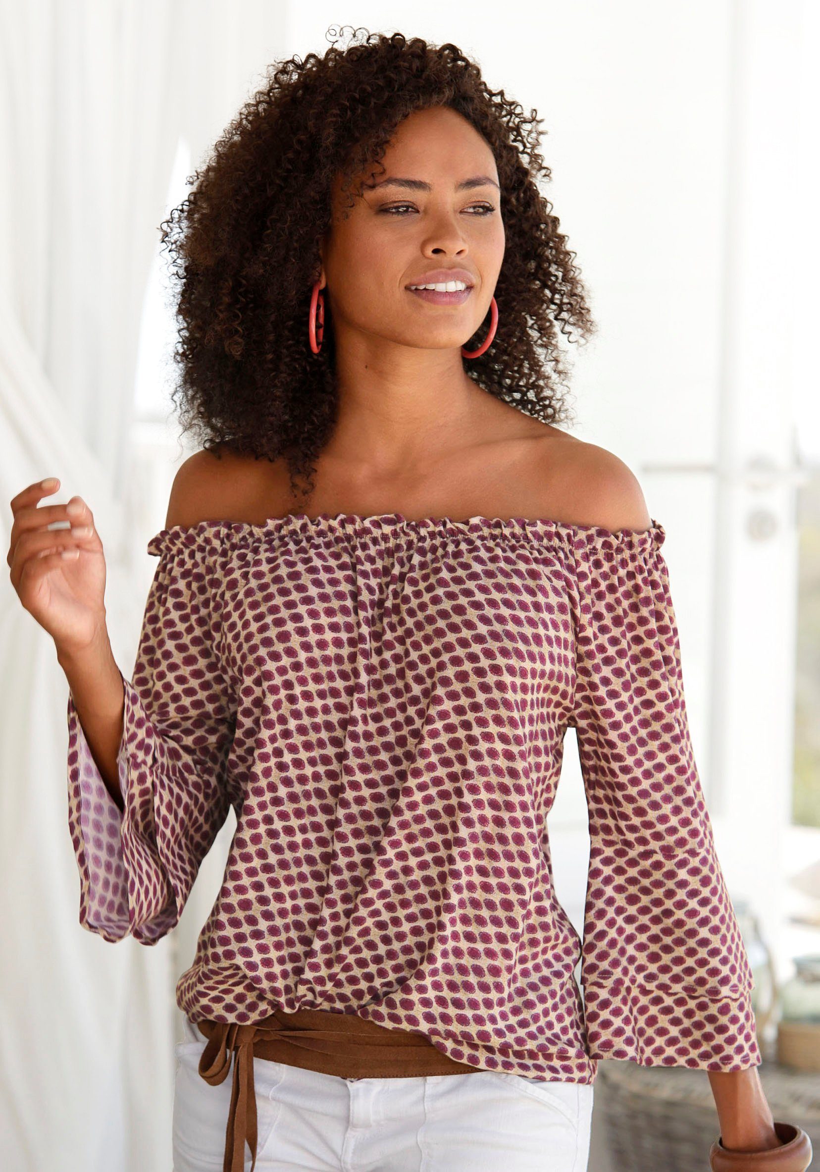 LASCANA Carmenbluse mit Punkteprint, Damenbluse, schulterfrei, günstig online kaufen