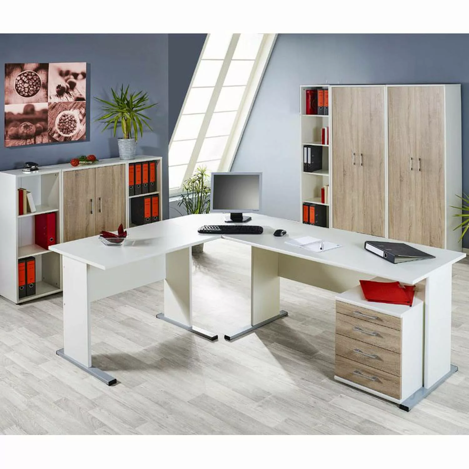 Büromöbel Set STETTIN-16 weiß, Sonoma Eiche, Eck-Schreibtisch mit Container günstig online kaufen