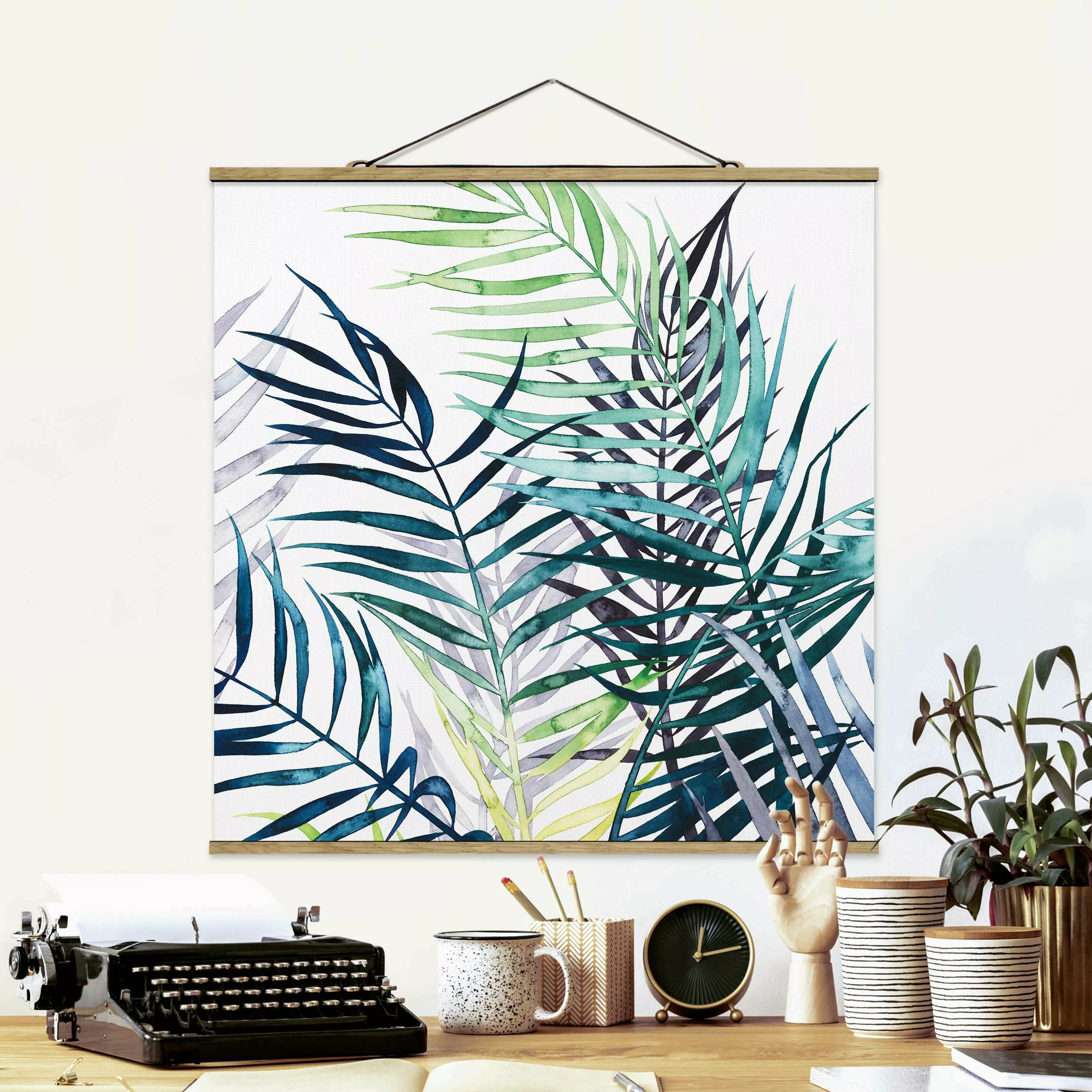 Stoffbild Blumen mit Posterleisten - Quadrat Exotisches Blattwerk - Palme günstig online kaufen