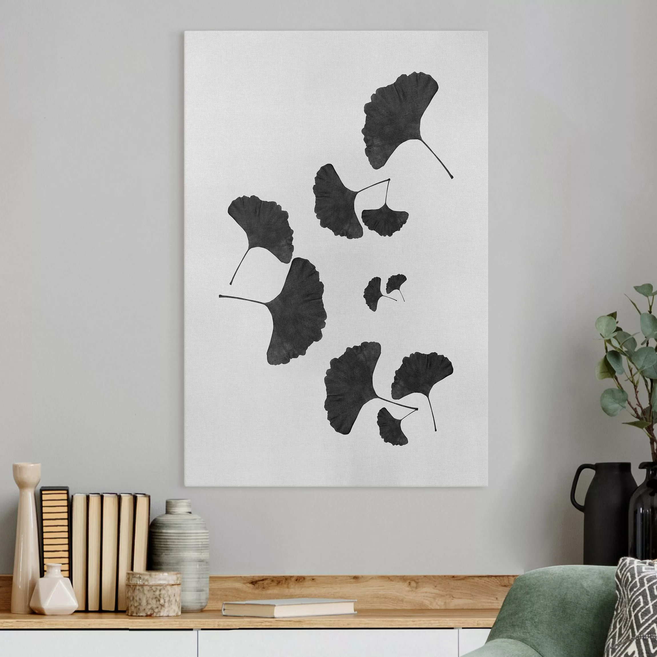 Leinwandbild Ginkgo Komposition in Schwarz-Weiß günstig online kaufen