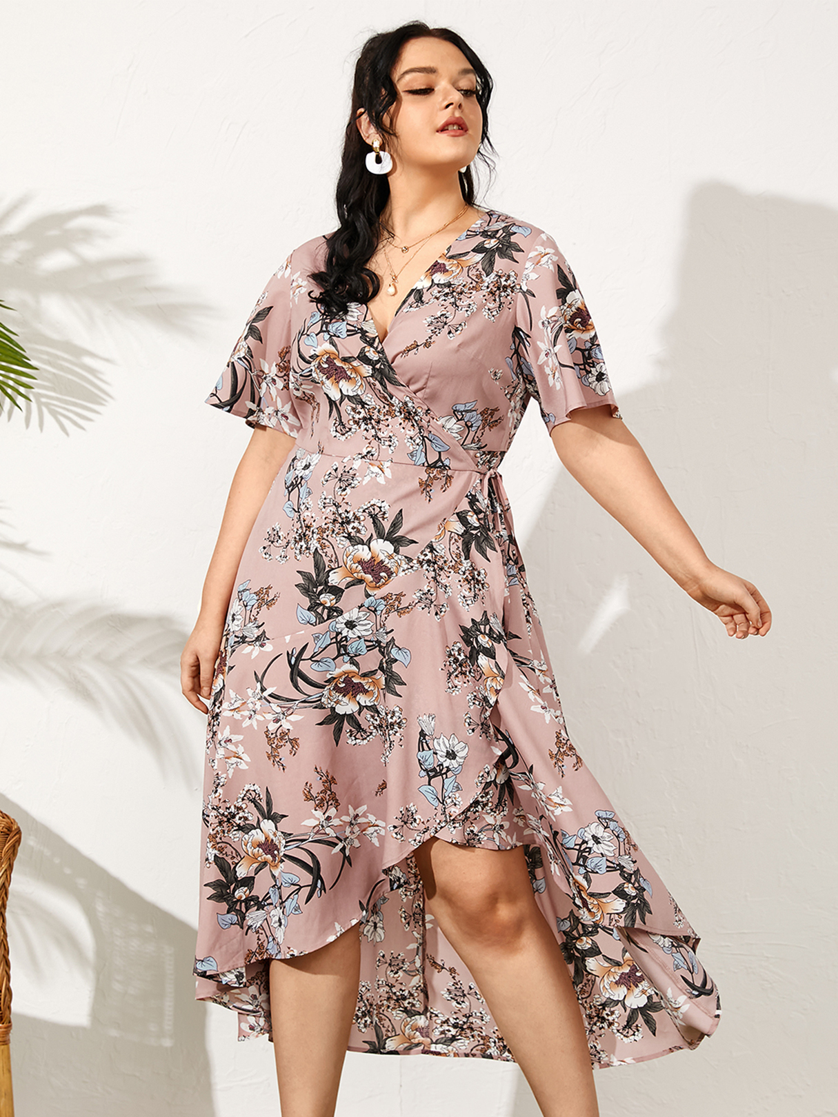 Plus Size V-Ausschnitt Blumendruck Kurze Ärmel Kleid günstig online kaufen