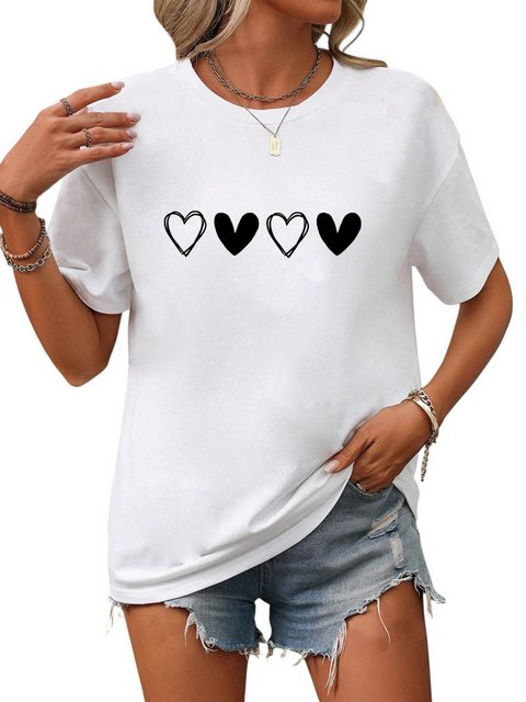 PYL T-Shirt Damen Casual Kurzarmshirt mit Herz Druck günstig online kaufen