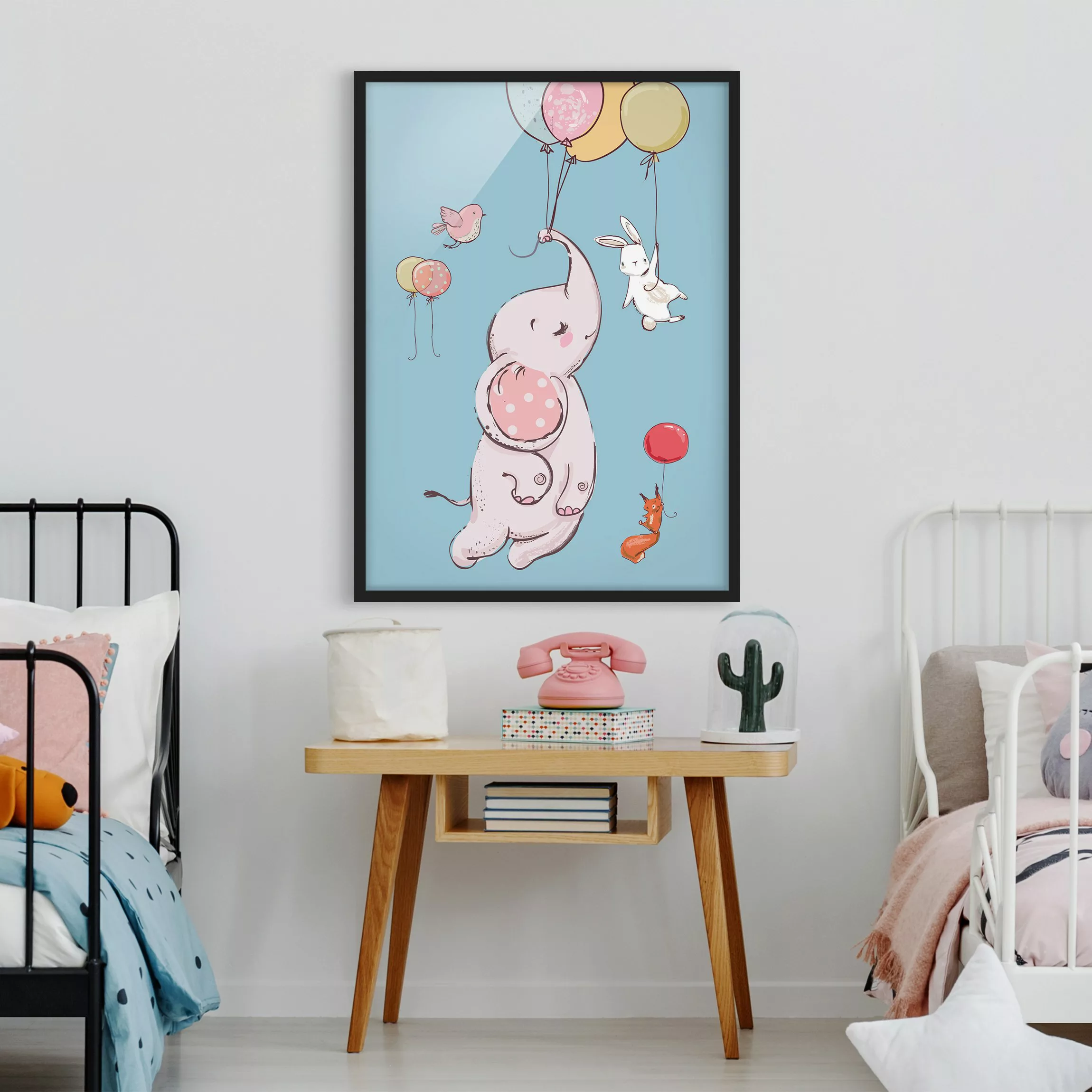 Bild mit Rahmen Kinderzimmer - Hochformat Elefant, Hase und Eichhörnchen fl günstig online kaufen