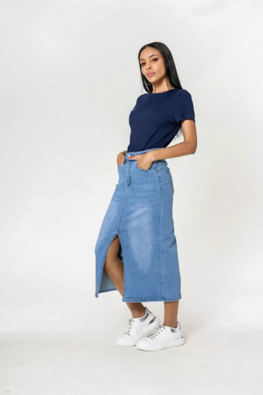 Nina Carter Sommerrock Langer Jeansrock mit Schlitz Stretch Denim Midi Rock günstig online kaufen