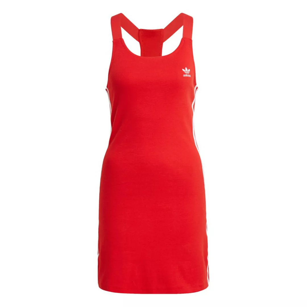 adidas Originals – adicolor – Figurbetontes Bodycon-Kleid in Rot mit 3-Stre günstig online kaufen