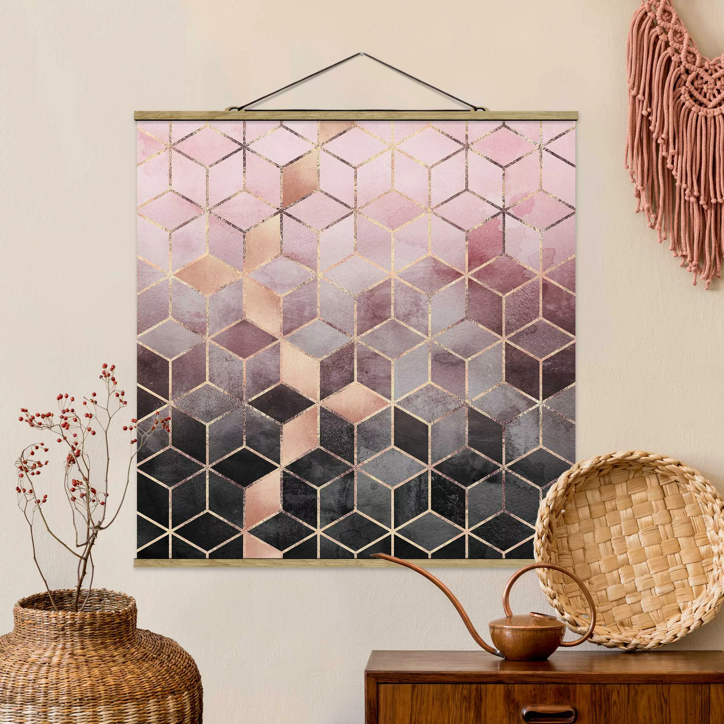 Stoffbild Abstrakt mit Posterleisten - Quadrat Rosa Grau goldene Geometrie günstig online kaufen