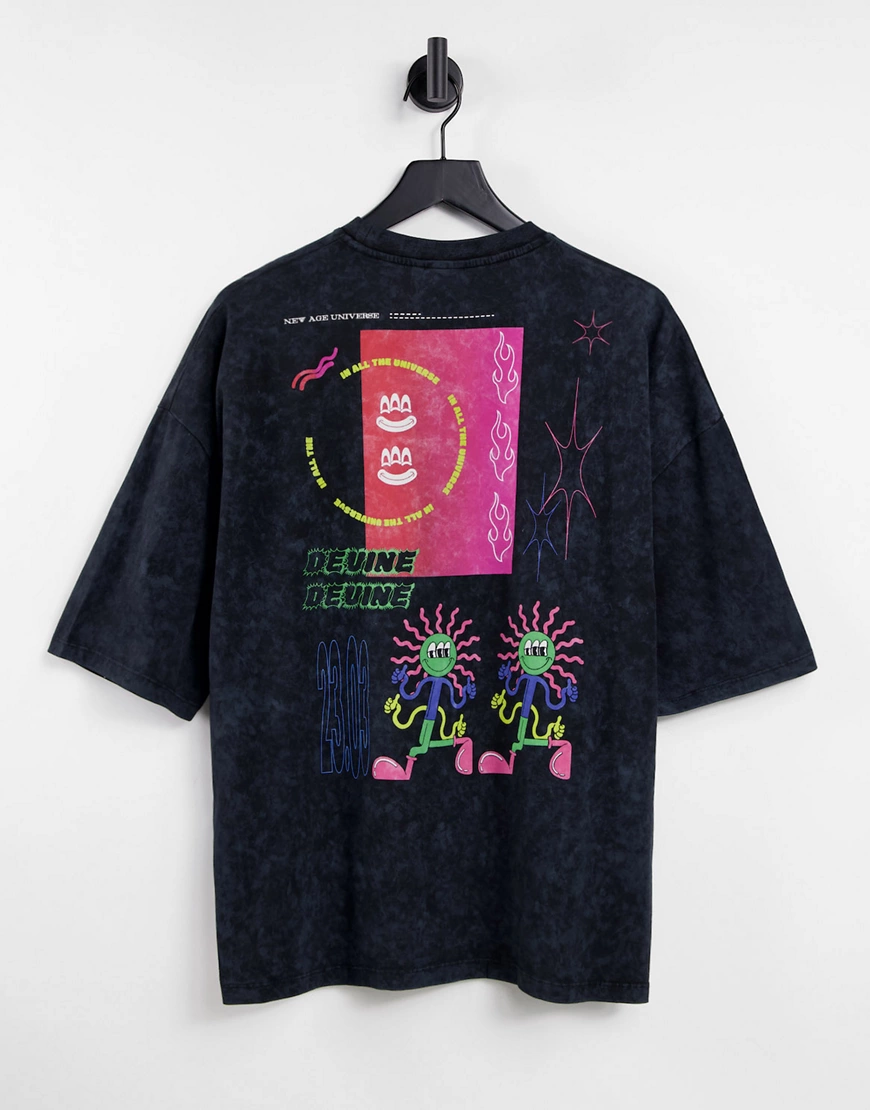 ASOS DESIGN – Oversize-T-Shirt in verwaschenem Schwarz mit Skater-Cartoonpr günstig online kaufen