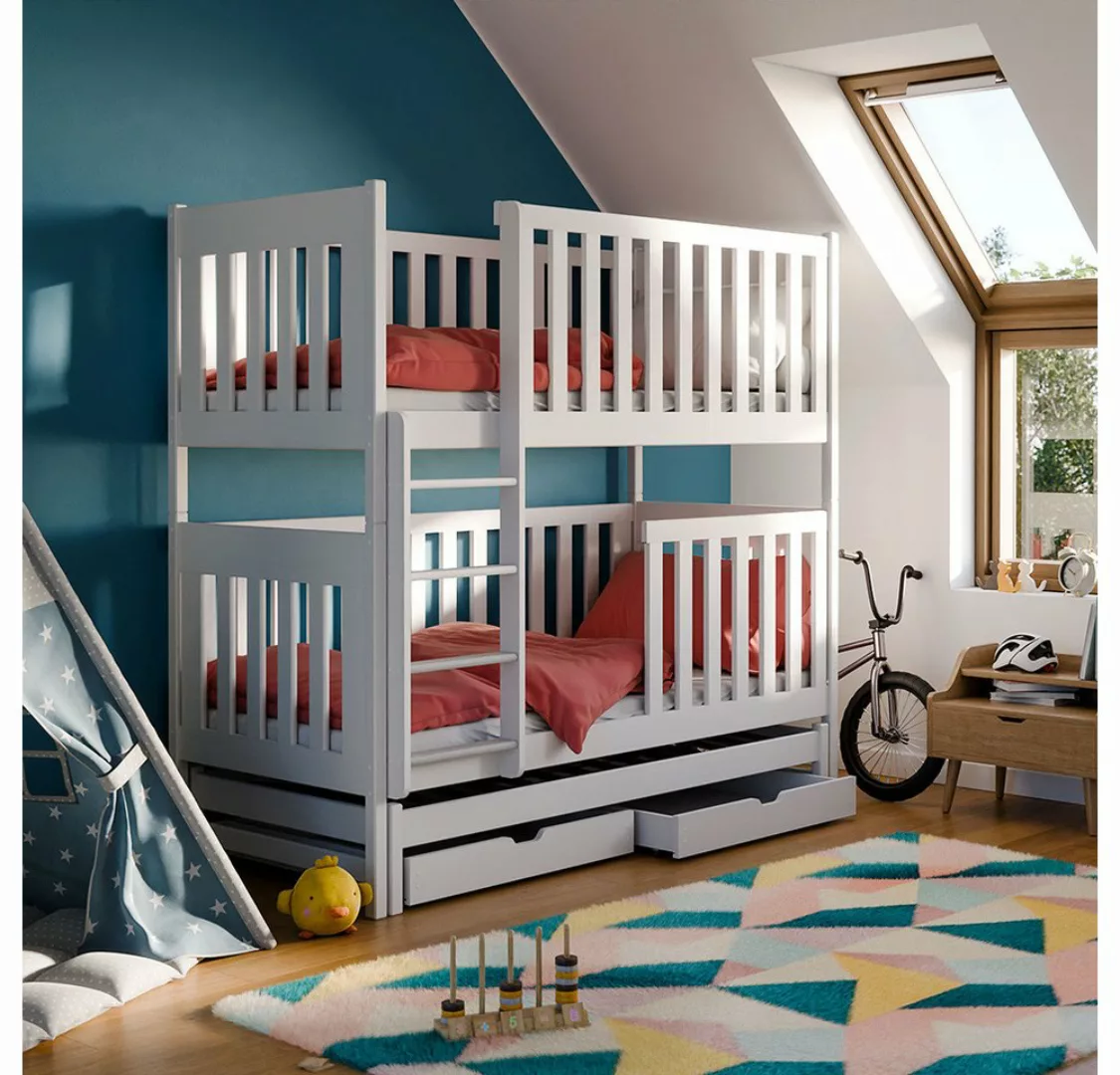 Lomadox Kinderbett KANGRU-162, Kiefer weiß, Etagenbett mit 3 Liegeflächen 2 günstig online kaufen