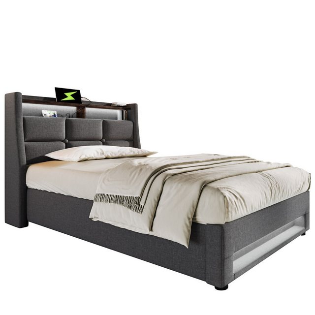 Rosaking Polsterbett mit USB 90/140/160/180x200cm (LED Einzelbett mit Latte günstig online kaufen