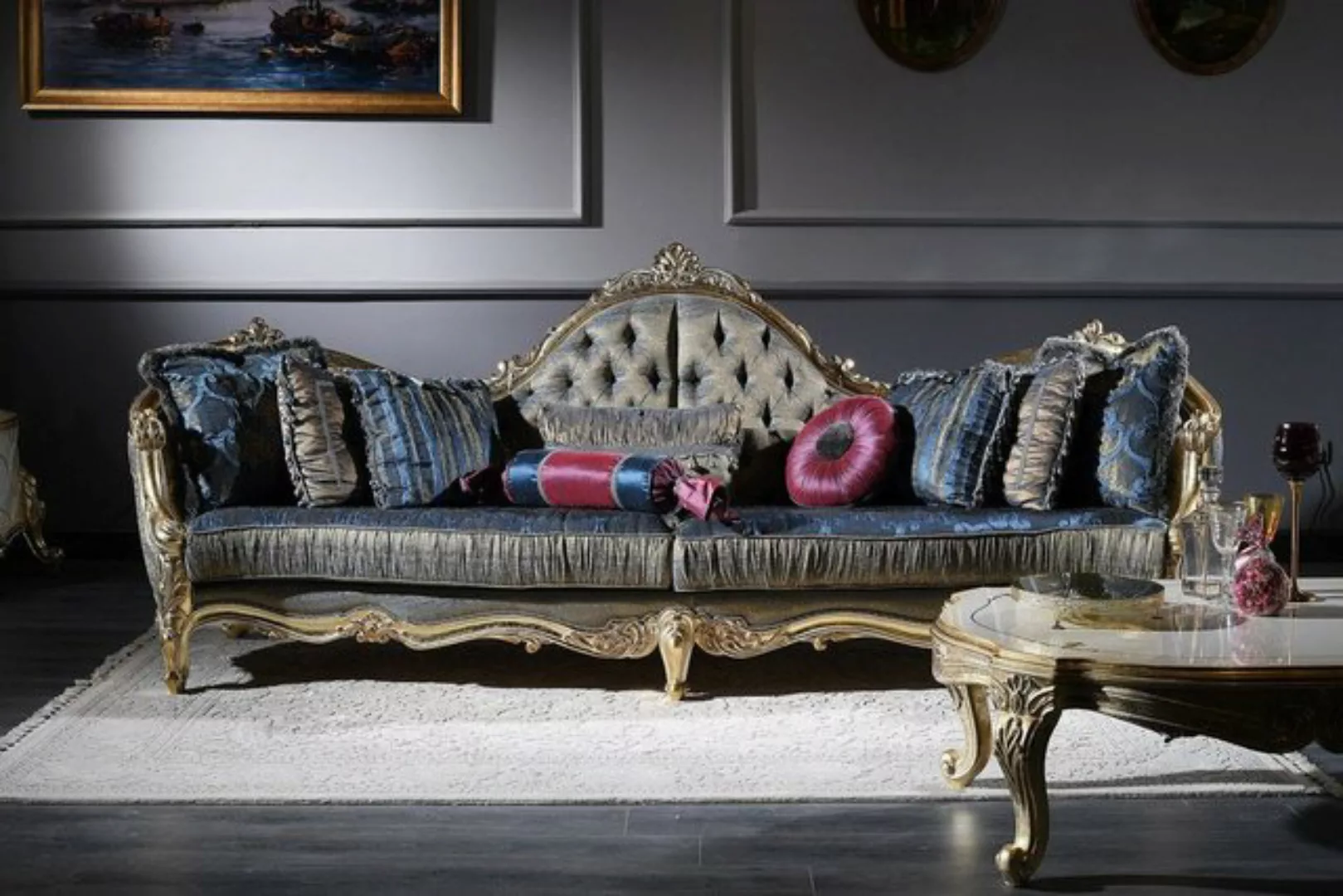 Casa Padrino Chesterfield-Sofa Luxus Barock Chesterfield Sofa Dunkelblau / günstig online kaufen