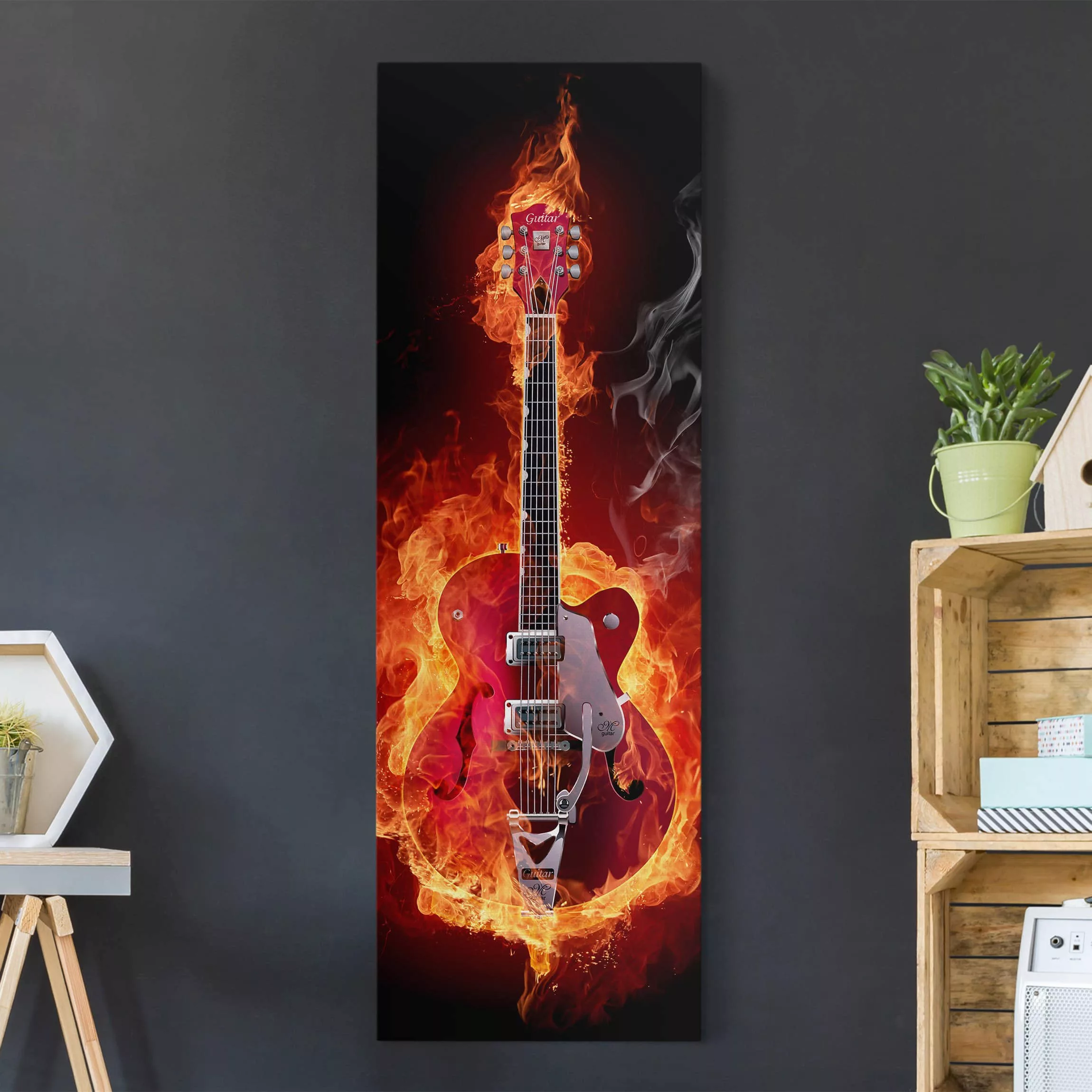Leinwandbild Musik - Hochformat Gitarre in Flammen günstig online kaufen