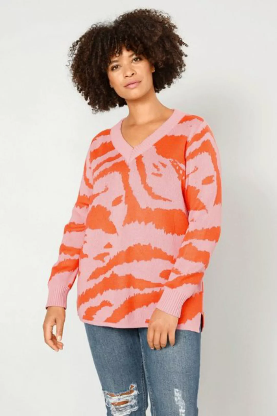 Sara Lindholm Strickpullover Pullover Regular Fit Color-Zebra V-Ausschnitt günstig online kaufen