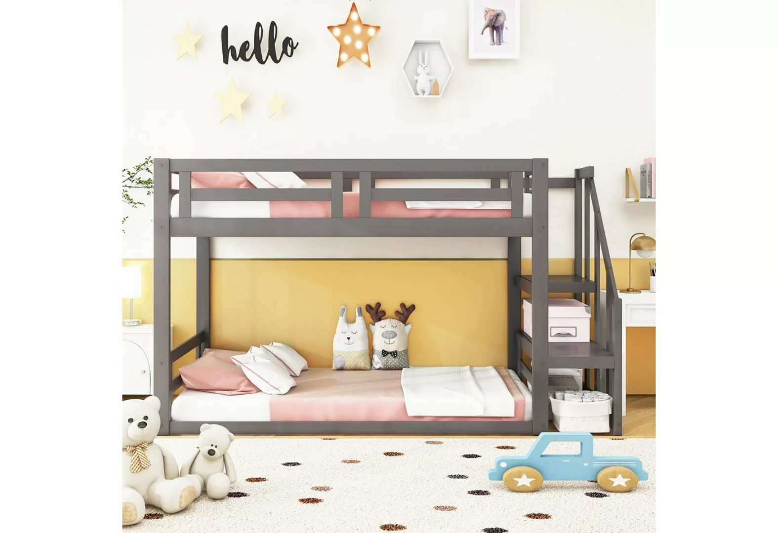 WISHDOR Etagenbett Kinderbett 90*200cm, Niedriges Etagenbett (mit Sicherhei günstig online kaufen