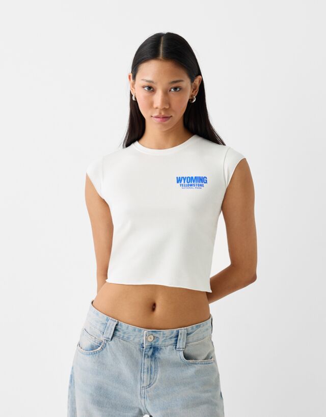 Bershka T-Shirt Mit Print Damen 10-12 Rohweiß günstig online kaufen